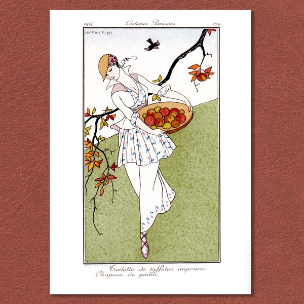 Estampe George Barbier : Charmante scène de mode art déco de 1914, montrant une jeune femme en tenue de « jardinage » fidèlement reproduite