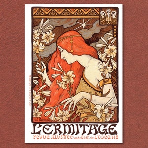 Cartel de estilo Art Nouveau francés: 'L'Ermitage' de Paul Berthon, creado en 1900. Una obra de arte mural maravillosamente compuesta, hermosa y nostálgica. Tema de conversación
