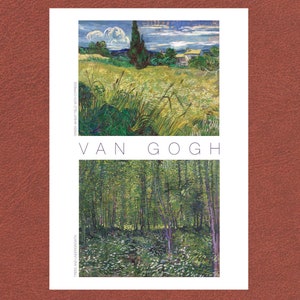 Stampa Van Gogh. Due opere famose. 'Campo di grano verde con cipressi' e 'Alberi e sottobosco.' Su carta da acquerello ruvida. Arte senza tempo.