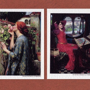 May include: Two paintings by J.W. Waterhouse. The first painting shows a woman in a blue robe smelling a rose bush. The second painting shows a woman in a red robe sitting by a window, looking out at a view of a city and a bridge. The text "I am Half Sick of Shadows" is below the second painting.