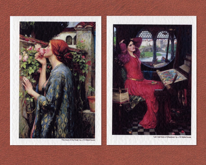 May include: Two paintings by J.W. Waterhouse. The first painting shows a woman in a blue robe smelling a rose bush. The second painting shows a woman in a red robe sitting by a window, looking out at a view of a city and a bridge. The text "I am Half Sick of Shadows" is below the second painting.