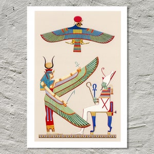 May include: A vintage illustration of an Egyptian goddess with wings, holding a staff with an ankh symbol, standing in front of a seated figure with a crown and a staff. The goddess is wearing a red and blue dress with a green and blue headdress. The seated figure is wearing a white robe with a red and blue headdress.