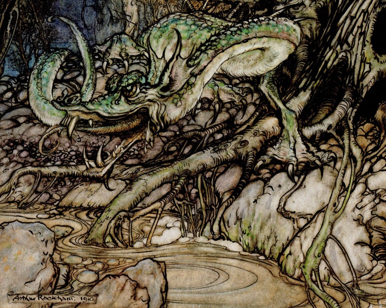 Arthur Rackham Green Dragon Art Print, Fantasy Illustration on 230 Gsm ...