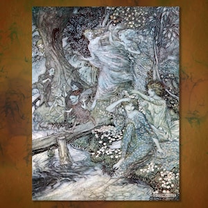 Könnte beinhalten: Detaillierte Illustration einer Fantasieszene mit Figuren in fließenden Gewändern und skurrilen Kreaturen in einer Waldlandschaft. Das Kunstwerk verwendet eine gedämpfte Farbpalette aus Blau-, Grün- und Brauntönen mit detaillierten Linien und einem traumhaften Charakter.