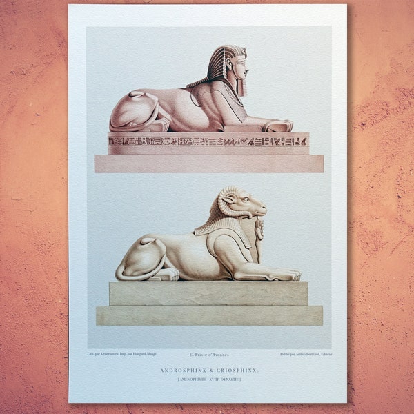 Egypt Sphinx. Iconic sculptures from Ancient Egypt first published as lithograph in 1878. Reproduced on beautiful watercolour paper.