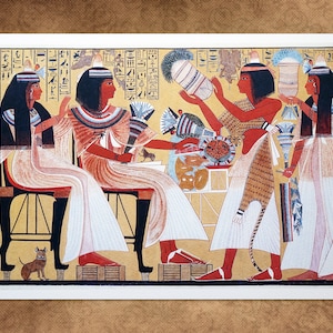 May include: A framed print of an ancient Egyptian artwork. The image depicts several figures in traditional attire, with red skin and black hair, engaged in various activities. The artwork features a warm color palette with gold, red, and white hues, and includes hieroglyphs.