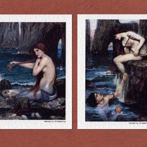May include: Two paintings by J.W. Waterhouse depicting mermaids. The first painting shows a mermaid combing her hair while sitting on a rock. The second painting shows a mermaid playing a harp while a man reaches up to her from the water. Both paintings feature a rocky coastline and a blue sea.