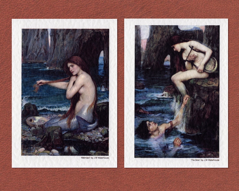 May include: Two paintings by J.W. Waterhouse depicting mermaids. The first painting shows a mermaid combing her hair while sitting on a rock. The second painting shows a mermaid playing a harp while a man reaches up to her from the water. Both paintings feature a rocky coastline and a blue sea.