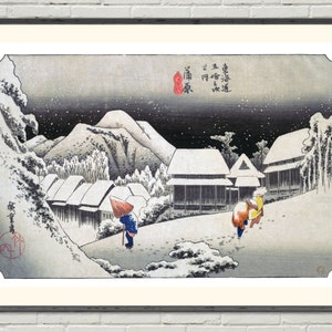 Japanese wall art: Winter scene &#39;Snow at Kanbara&#39; by Utagawa Hiroshige. Fine art giclée reproduction of original 1895 woodblock print.