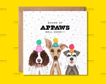 Tarjeta de felicitación por el nuevo trabajo, Tarjeta de felicitación por los resultados de los exámenes, Tarjeta de resultados de GCSE y A Level, Tarjeta de graduación, Tarjeta con un perro y un juego de palabras gracioso