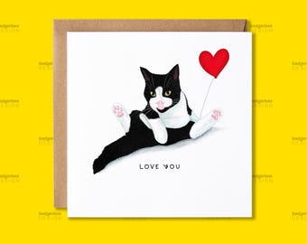 Funny Cat Valentines Day Card: Black and White Cat with Heart Balloon