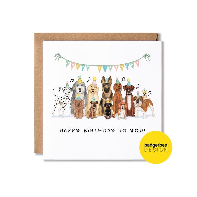 Puede incluir: Una tarjeta de cumplea&ntilde;os con un grupo de perros que llevan sombreros de fiesta y cantan "Feliz cumplea&ntilde;os". La tarjeta tiene un fondo blanco con un borde marr&oacute;n y el texto "&iexcl;Feliz cumplea&ntilde;os para ti!" en negro.