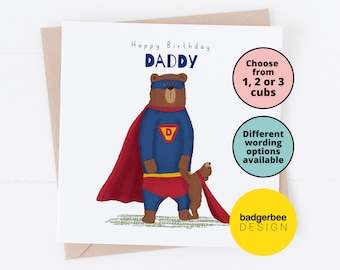 Daddy Birthday Card UK, Super Dad Card, Daddy Bear Card, Happy Birthday Daddy, Grandad, Dad, Superhero Card from Son, Daughter, My Hero Card