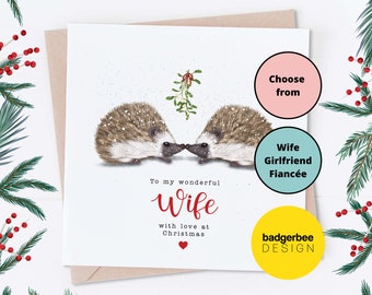 Christmas Card for Wife, Wonderful Wife, Fiancée, Girlfriend Christmas Card, Personalised Wife Christmas card, Cute Christmas Card, Hedgehog