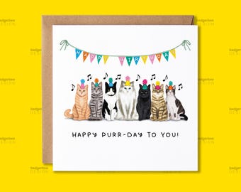Puede incluir: Una tarjeta blanca con una pancarta colorida que dice "Feliz cumpleaños". Siete gatos con sombreros de fiesta están sentados en fila. El texto debajo de los gatos dice "¡Feliz Purr-Day para ti!"