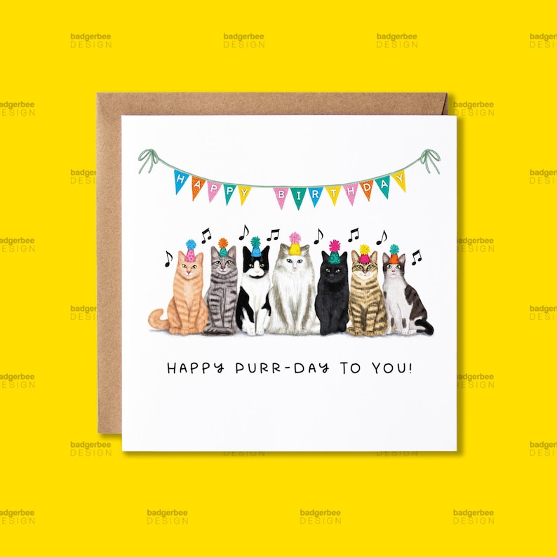 K&ouml;nnte beinhalten: Eine wei&szlig;e Karte mit einem bunten Banner, auf dem "Happy Birthday" steht. Sieben Katzen mit Partyh&uuml;ten sitzen in einer Reihe. Der Text unter den Katzen lautet "Happy Purr-Day To You!"