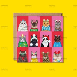 May include: Greeting card featuring a grid of illustrated cats, each with festive attire. Cats wear sweaters, hats, and accessories like glasses and antlers, set against red and pink backgrounds. The word "MEOW" is visible on one cat's sweater.
