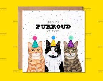 Well Done Card, New Job Card, Congratulations on your exam results Card, GCSE, A Level Results Card, Graduation Card, Proud of you Cat Card