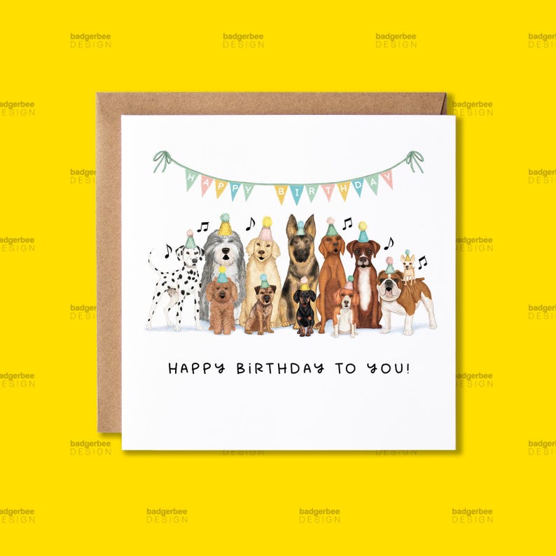 Puede incluir: Una tarjeta de cumplea&ntilde;os con un grupo de perros que llevan sombreros de fiesta y cantan "Feliz cumplea&ntilde;os". La tarjeta tiene un fondo blanco con una pancarta colorida que dice "Feliz cumplea&ntilde;os".