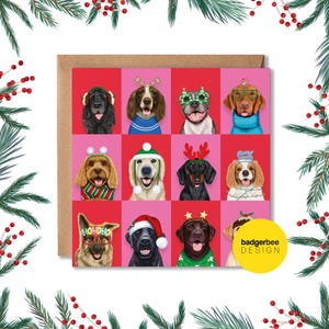 Op de afbeelding: Een kerstkaart met een raster van twaalf honden, elk versierd met feestelijke accessoires zoals hoeden, brillen en truien. De honden staan tegen een achtergrond van rode en roze vierkanten, met een bruine kaartrand en feestelijk groen.