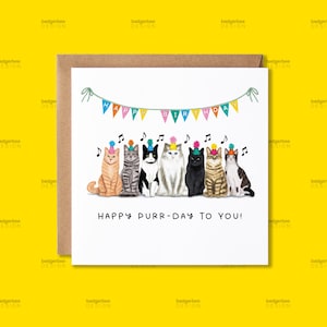 K&ouml;nnte beinhalten: Eine wei&szlig;e Karte mit einem bunten Banner, auf dem "Happy Birthday" steht. Sieben Katzen mit Partyh&uuml;ten sitzen in einer Reihe. Der Text "Happy Purr-Day To You!" steht unter den Katzen.
