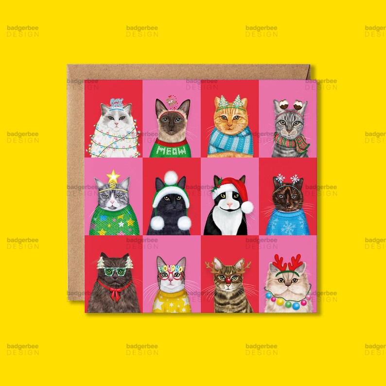 May include: Greeting card featuring a grid of illustrated cats, each with festive attire. Cats wear sweaters, hats, and accessories like glasses and antlers, set against red and pink backgrounds. The word "MEOW" is visible on one cat's sweater.