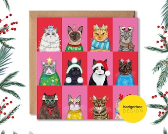 Funny Cat Christmas Card, Christmas Card for cat lover, Group of cats