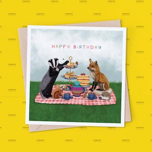 Afternoon Tea Birthday Card for Mum, Daughter, Friend, British Wildlife Animal Birthday Card, Afternoon Tea Voucher, Tea Party Birthday Card