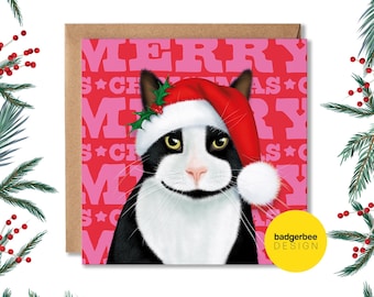Tuxedo Cat Christmas Card, Christmas Card for cat lover, Black and White Cat Card