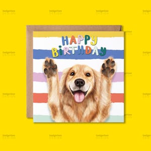 May include: A square greeting card featuring a golden retriever with its front paws raised, a wide open mouth, and a pink tongue. The background consists of horizontal stripes in yellow, blue, purple, red, and green, with the text HAPPY BIRTHDAY.