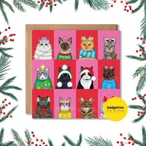 May include: A greeting card featuring a grid of illustrated cats in festive attire. Each cat is depicted against a pink or red background, wearing items like Santa hats, sweaters, and glasses. The card has a brown border and is decorated with Christmas greenery.