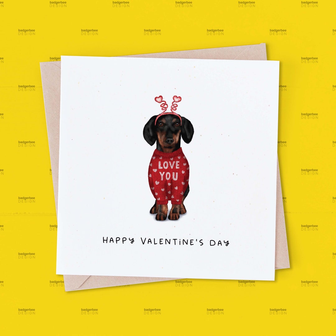 Sausage Dog Valentines Day Card, Funny Dachshund Dog Love You Dog Jumper Card, Valentines Day