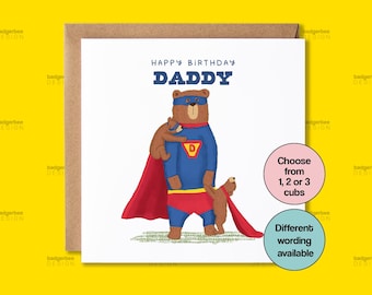Tarjeta de cumpleaños para papá (Reino Unido), tarjeta de superpapá, tarjeta de papá oso, feliz cumpleaños para papá, abuelo, papá, tarjeta de superhéroe de hijo, hija, tarjeta de mi héroe