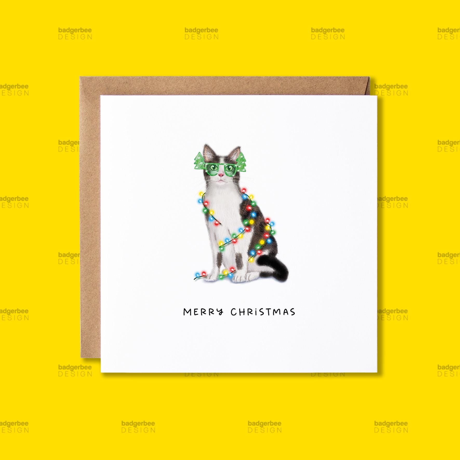 Funny Cat Christmas Card, Merry Christmas Cat Card, Grey White Cat Card ...