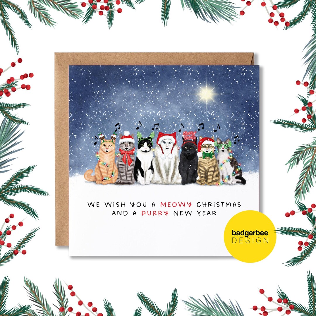 Funny Cat Christmas Card: Meowy Christmas Pun - Etsy UK
