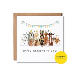 Puede incluir: Una tarjeta de cumplea&ntilde;os con un grupo de perros que llevan sombreros de fiesta y cantan "Feliz cumplea&ntilde;os". La tarjeta tiene un fondo blanco con un borde marr&oacute;n y el texto "&iexcl;Feliz cumplea&ntilde;os para ti!" en negro.