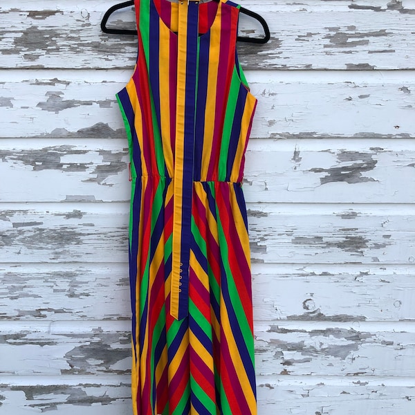 Vintage Betsys Things Size 13 Women Tank A Line Dress Midi Rainbow Striped Belt