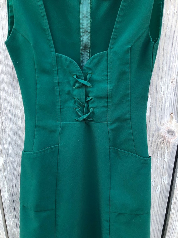 Vintage Handmade Apron Dress Costume Green Pocket… - image 2