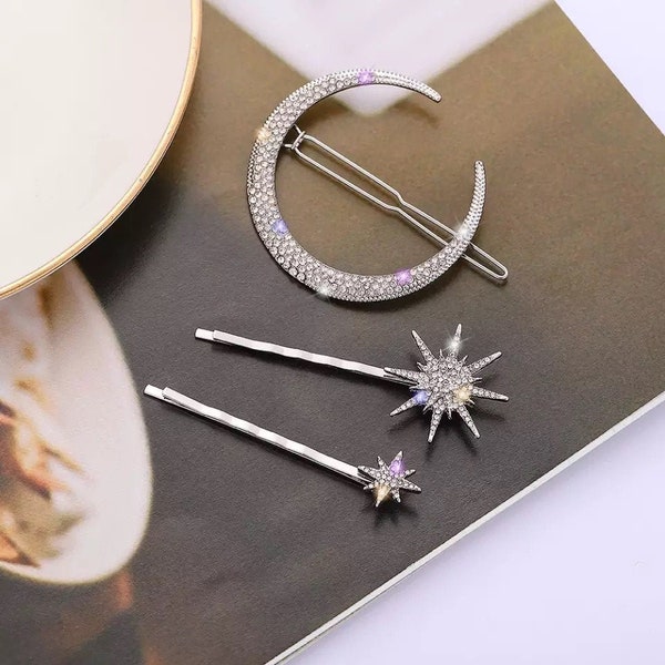 Star And Moon Hair Pins | Hair Pin For Brides | Wedding Hair Pin | Wedding Accessory | Silver Accessory | Sparkly Hair Pin | Trendy Hair Pin