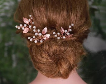 Leaf Wedding Hair Pins, Leaf headpiece,  Rose Gold Leaf, Bridal Hair Pins, Boho Bridal Hair Accessories