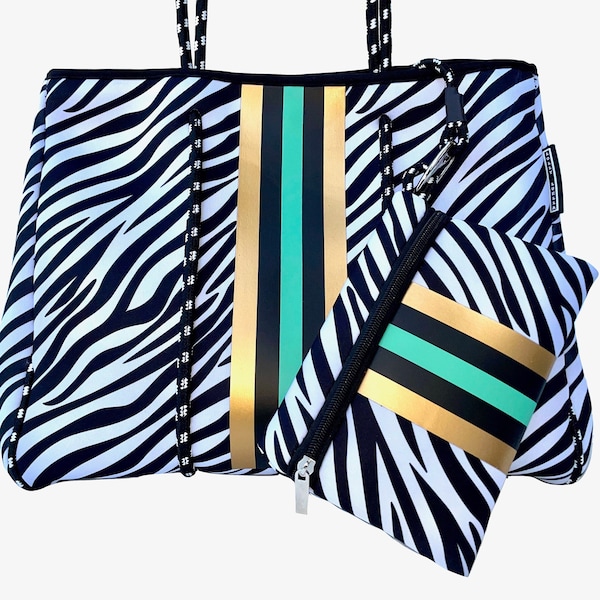 Lolly Luella Neoprene Tote Bag Purse for Travel, Beach, Boat, Pool, Gym, Studio, Office - Woman, Teen, Girl, Family, Catchall Zebra print