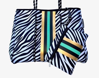 Lolly Luella Neoprene Tote Bag Purse for Travel, Beach, Boat, Pool, Gym, Studio, Office - Woman, Teen, Girl, Family, Catchall Zebra print