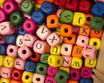 Rainbow Wood Alphabet Letter Beads,Wood Alphabet Charm,Wood Alphabet Pendant,Wood Letter Beads,Wood Cube Letter Beads,Name Bead,Letter Beads