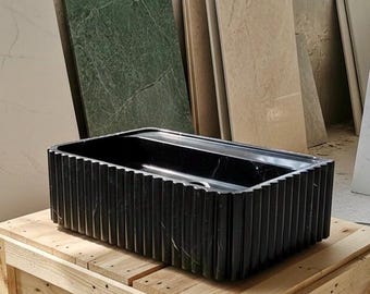 Nero Marquina Schwarzer Marmor Badezimmer Waschbecken, Geriffeltes Rechteckiges Waschtisch Becken, Handgefertigtes Luxus Stein Waschbecken