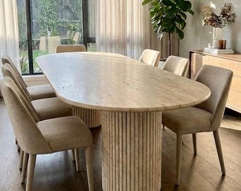 Travertin Oval Esstisch mit Doppel Geriffelte Sockel Handgemachte Naturstein Tisch