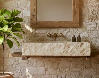 Natürliches Travertin-Waschbecken, handgeschnitztes rechteckiges Steinwaschbecken, rustikaler Bauernhausstil