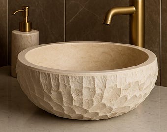 Handgefertigte Travertin Stein Waschbecken: Rundes minimalistisches Badezimmer Becken