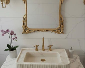 Calacatta Gold Marmor Waschbecken Rechteckig Geriffeltes Badezimmer Becken Handgefertigter Naturstein
