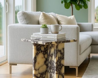 Calacatta Viola Marble Side Table Modern Handmade Stone Accent Table