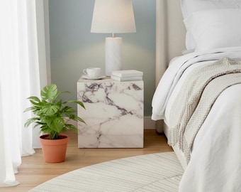 Calacatta Viola Marble Cube Side Table Modern Bedside Table Handmade Natural Stone Accent Furniture